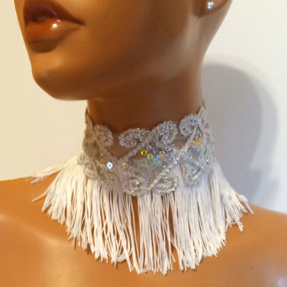 Silver Sequins & White Tassel Choker, Silver And White Necklace - Picture 1 of 3